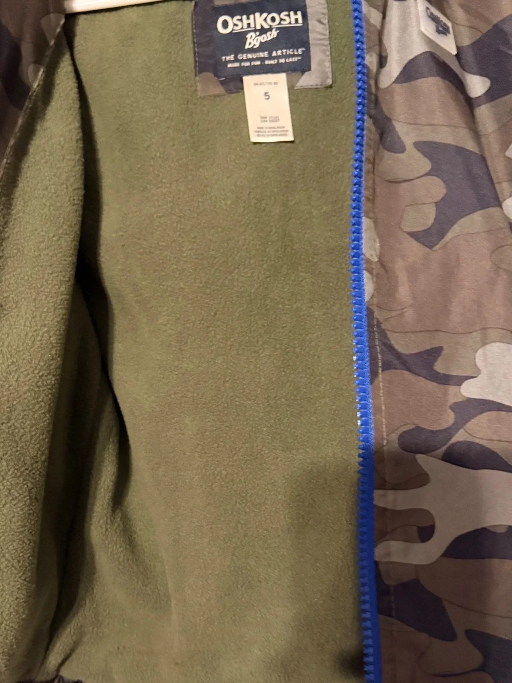 NWOT OshKosh B'gosh Boy's Camo Fleece-Lined Hooded Jacket - Size 5
